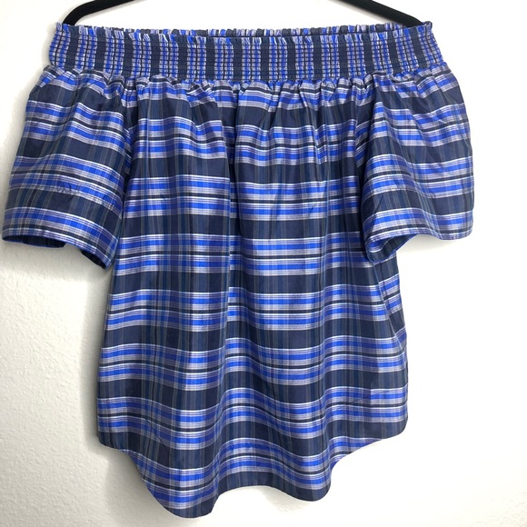 JCREW Blue Gingham Plaid Off Shoulder Silk Top 4 - Picture 2 of 5